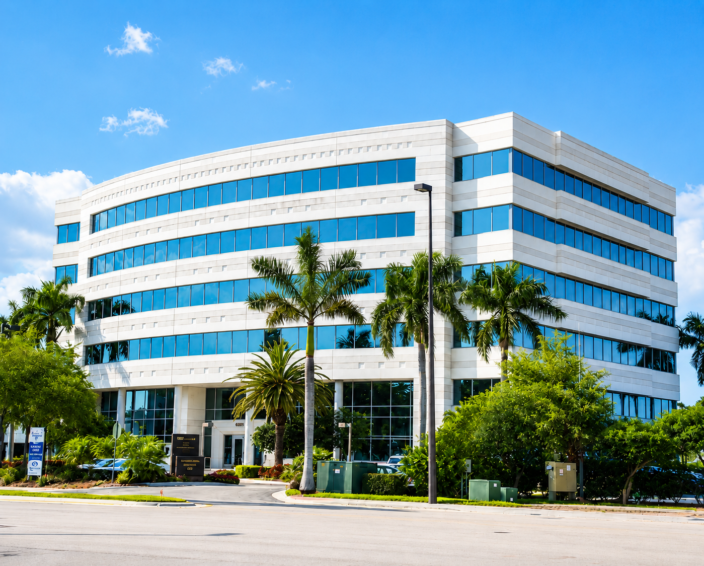 Waterford Centre refreshed exterior with bright blue sky and palm trees